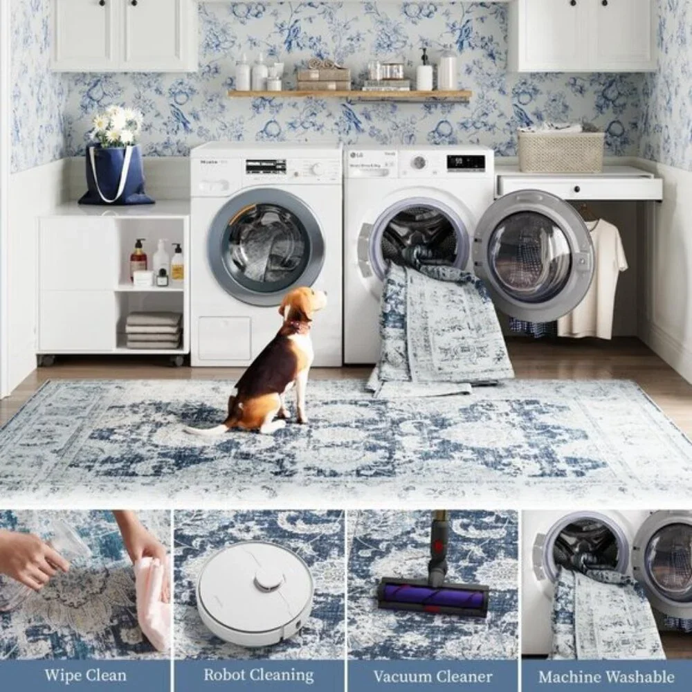 New 2x10 Dark Blue Runner Rug, Washable Vintage Floral Hallway & Kitchen Carpet